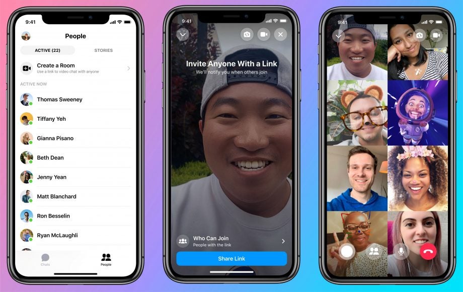 Three iPhones showing active people's screen, share link screen for joining video call, and an ongoing group video call