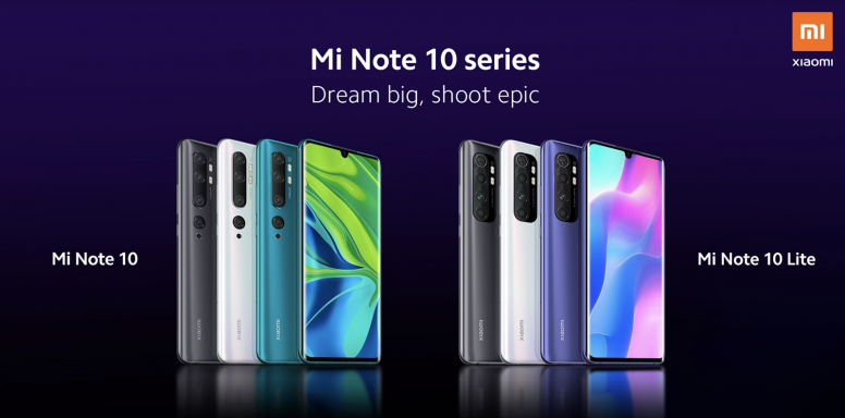 A brochure of Mi Note 10 series with different color variants printed on it