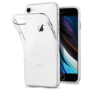 Two iPhone SE standing on white backgorund showing Olixar Ultra thin iPhone SE 2020 gel case 