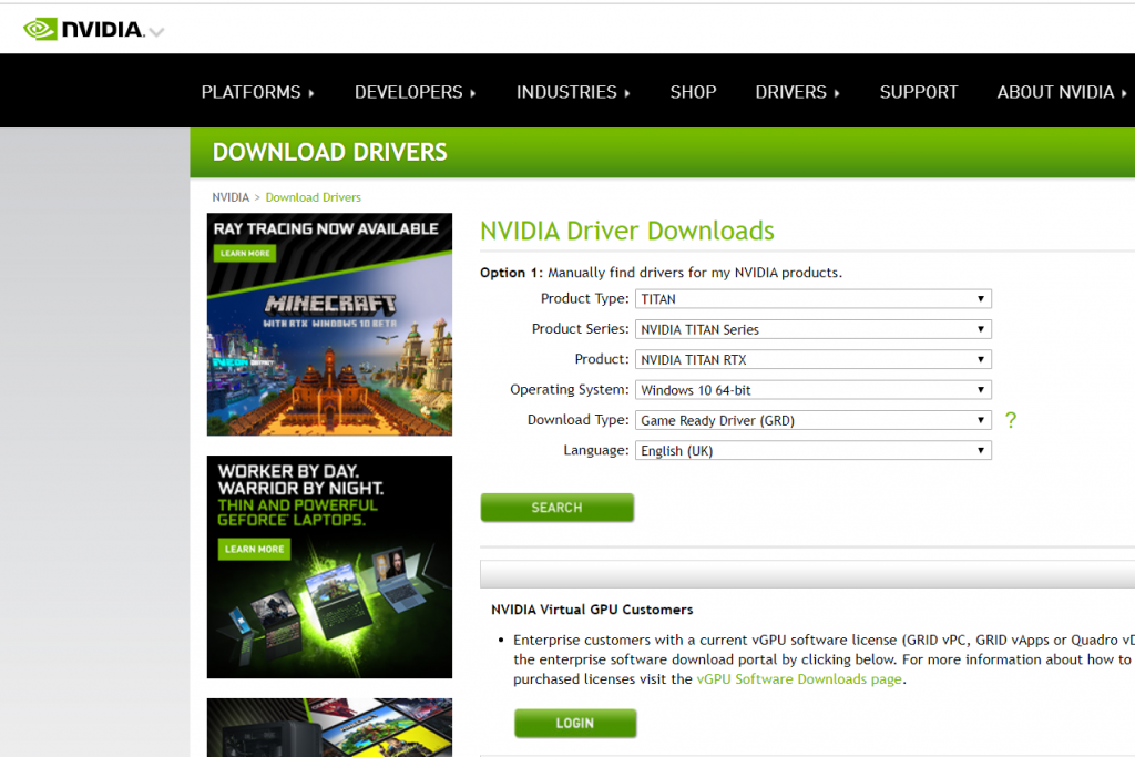 Screenshot of Nvidia's download drivers screen