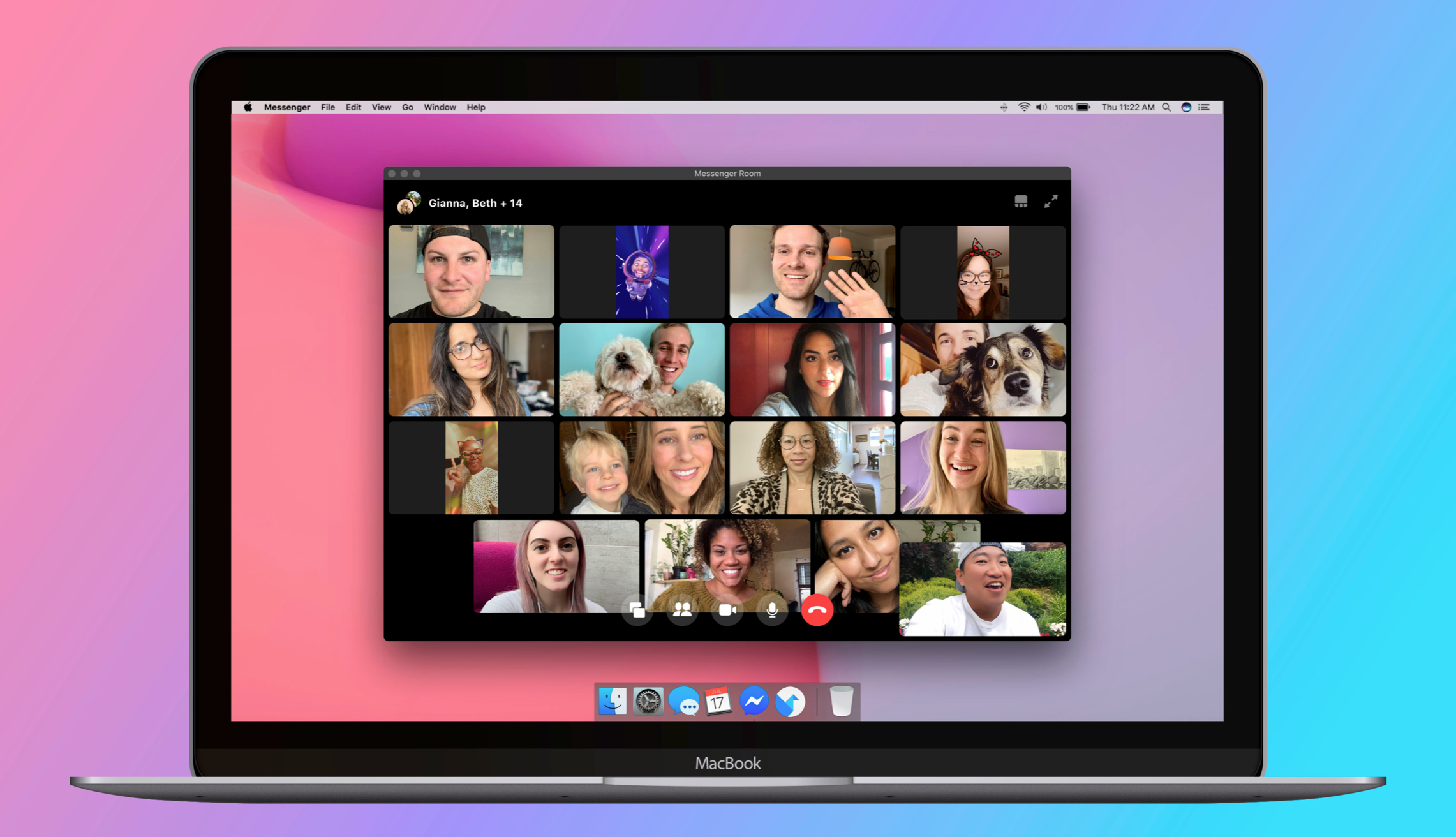 A messenger room window displayed on a Macbook showing ongoing group video call