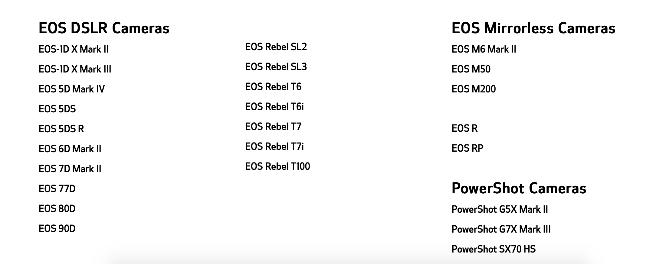 A picture of a screen displaying a list of EOS DSLR cameras, EOS mirrorless cameras and PowerShot cameras