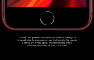 Close up image of a black-red iPhone's touch ID with a little description about it written below