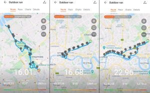 Screenshots from Huawei health showing outdoor run on Google Maps