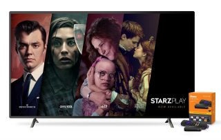 A gray TV standing on white background displaying StarzPlay available now