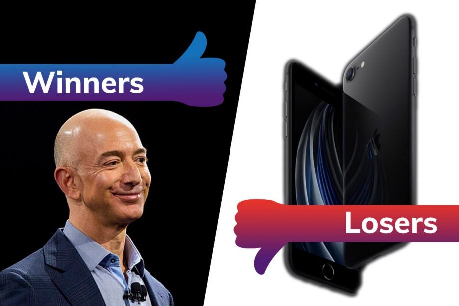 Picture oof Jeff Bezos on left tagged as winners and two black iPhones on right tagged as losers
