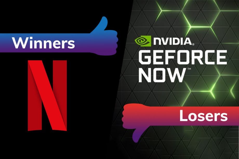 Wallpaper of Netflix on left tagged as winners and wallpaper of Nvidia Geforce Now tagged as losers