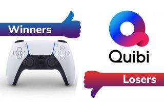 A PS5 controller on left tagged as winners and Quibi's logo on right tagged as losers