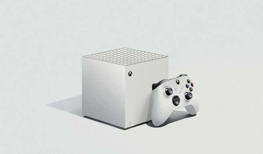 A white Xbox series S with it's controller standing on a white background