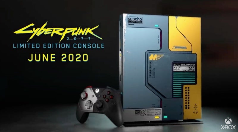 Wallpaper of Cyberpunk 2077 limited edition console with an Xbox logo on bottom right