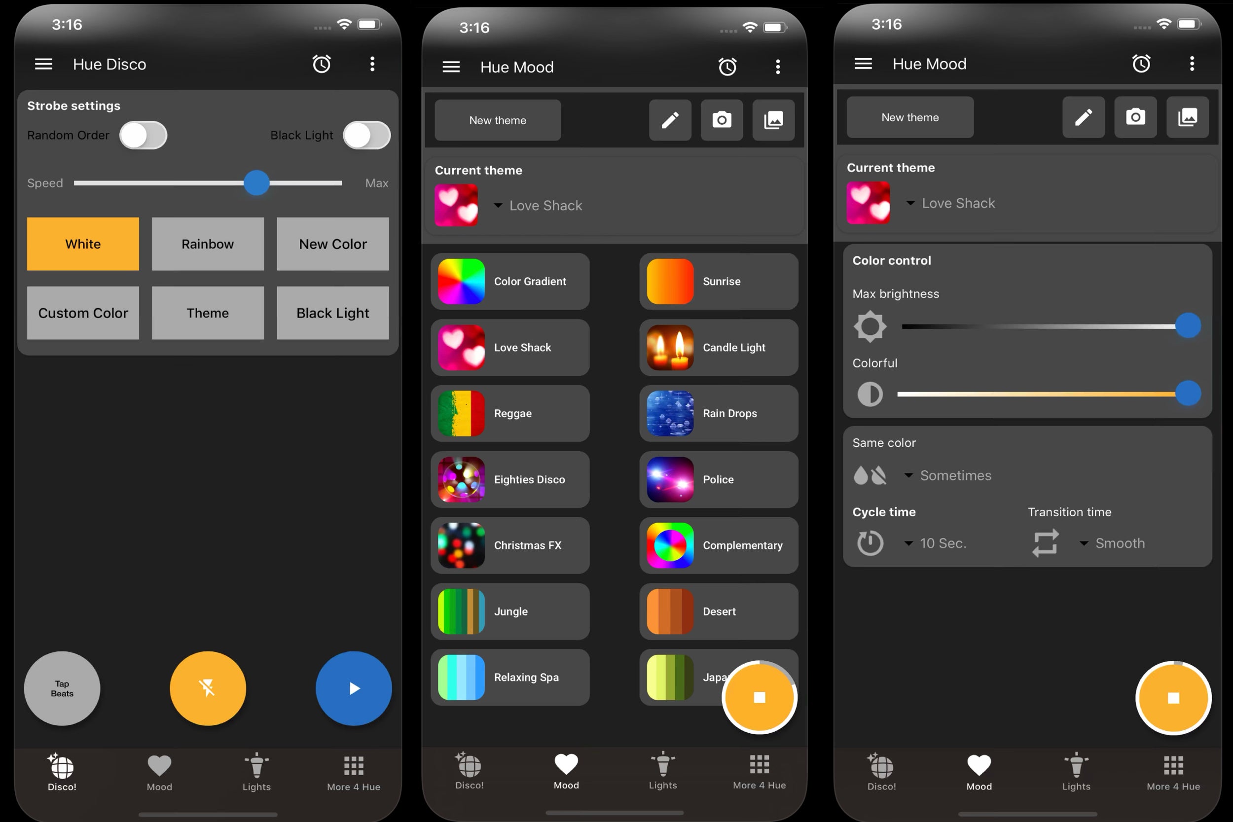 HueDisco is one of the Philips Hue appsThree smartphones displaying Hue Disco settings screen and Hue Mood settings screen