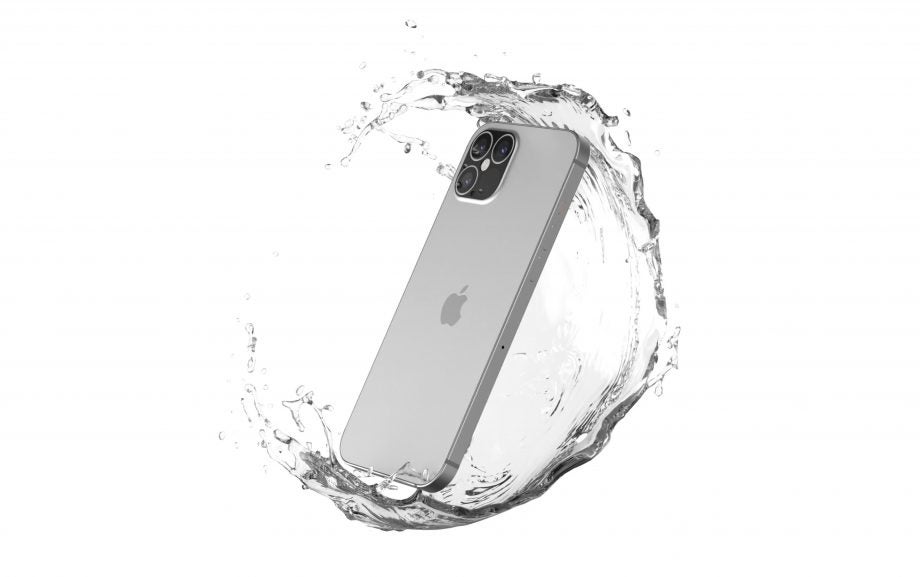 A gray iPhone 12 floating on a white background with water around it