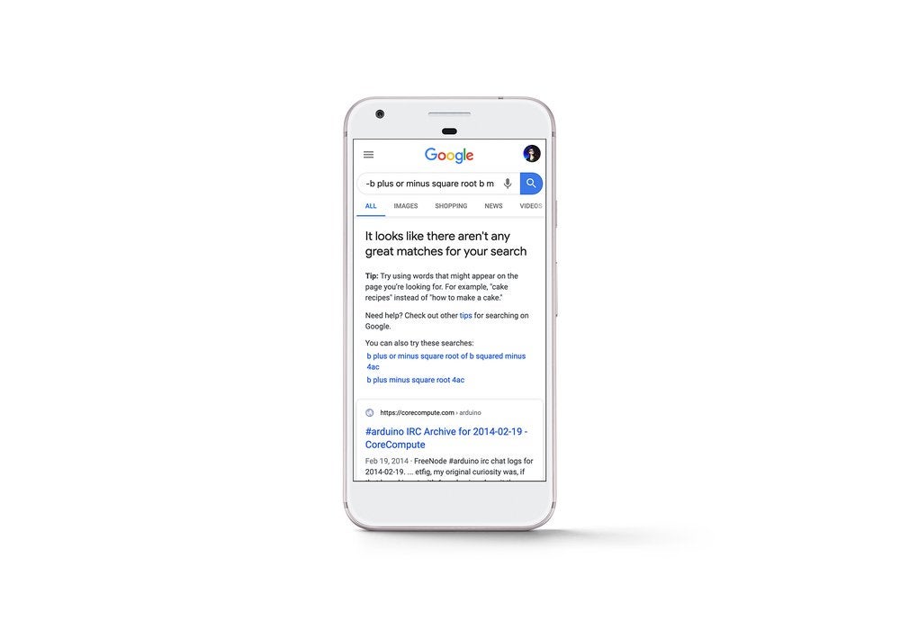A white smartphone standing on a white background displaying Google results about there aren't many great matches