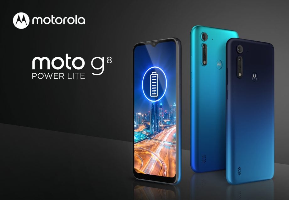 Wallpaper of Motorola G8 power lite smartphone with front and back panel view