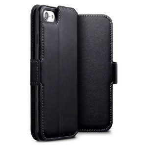 A black iPhone SE's genuine leather wallet case fitted on an iPhone SE