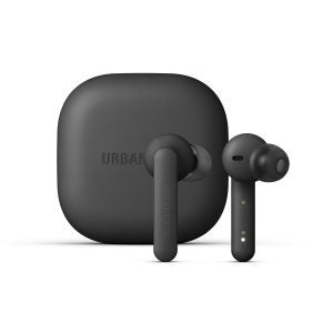 Black Urbanears Alby earbuds standing with it's case beside on a white background