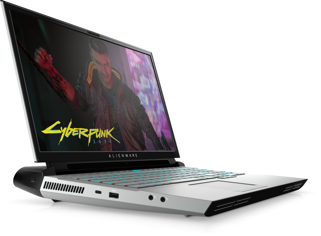 Alienware Area-51m R2A black Alienware Area 51m standing on white background displaying wallpaper of Cyberpunk 2077