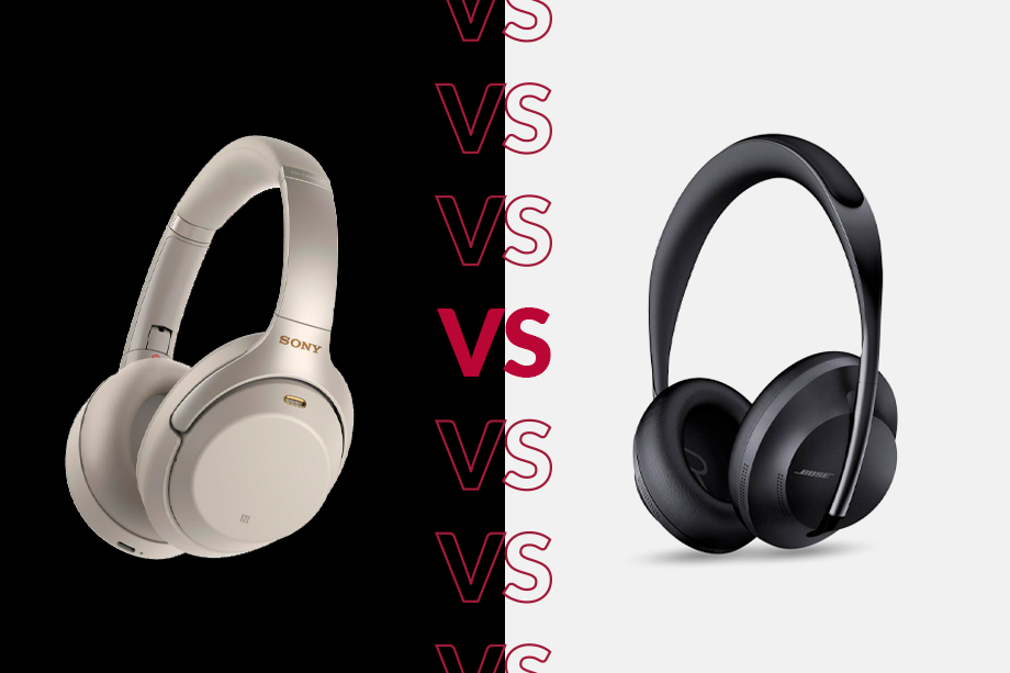 Comparision image of a white Sony headphones on left and a black Bose headphones on the right