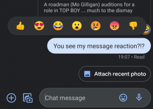 Screnshot of dark themed chat with Google RCS emoji reactions