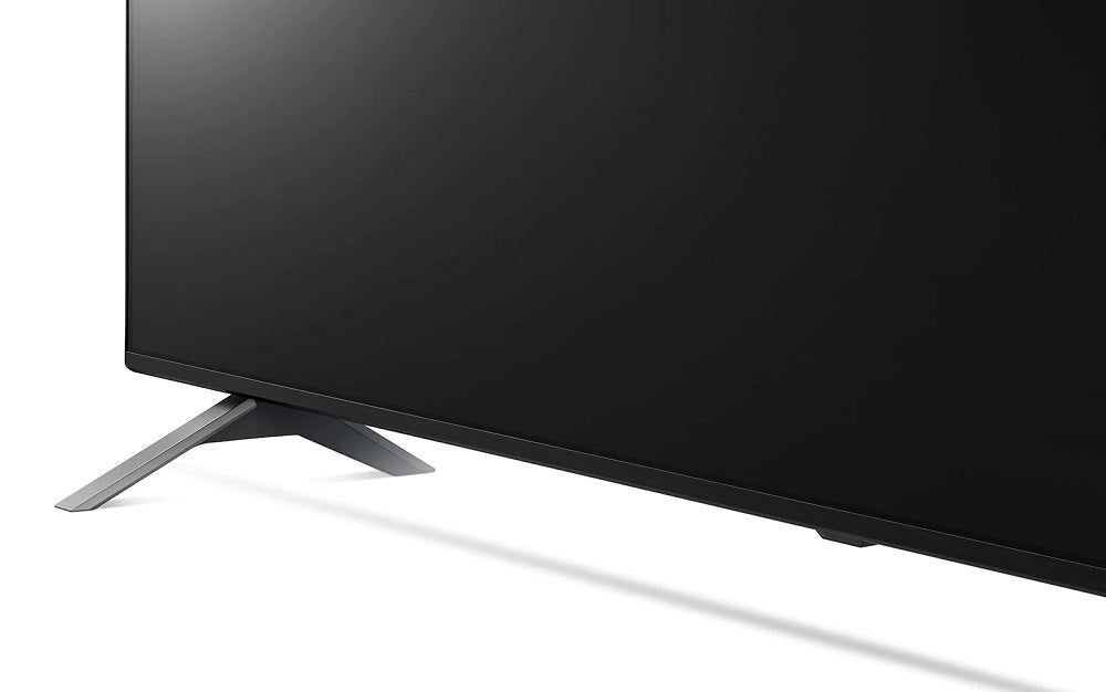 Close up image of stand's feet of a black LG Nano96 TV standing on a white background