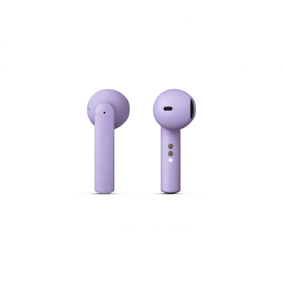 Luma violet Urbanears Alby earbuds standing on a white background