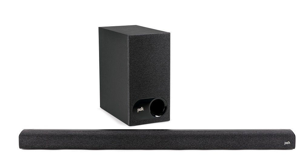 Polk Signa S3 black speakers standing on a white background