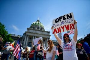 Picture of a rally held at Pennsylvania State Capitol to urge governor to open up lockdown orders