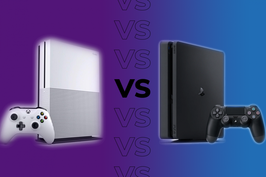 Comparision image of a white Xbox on left and a black PS4 on the right, both with their controllers