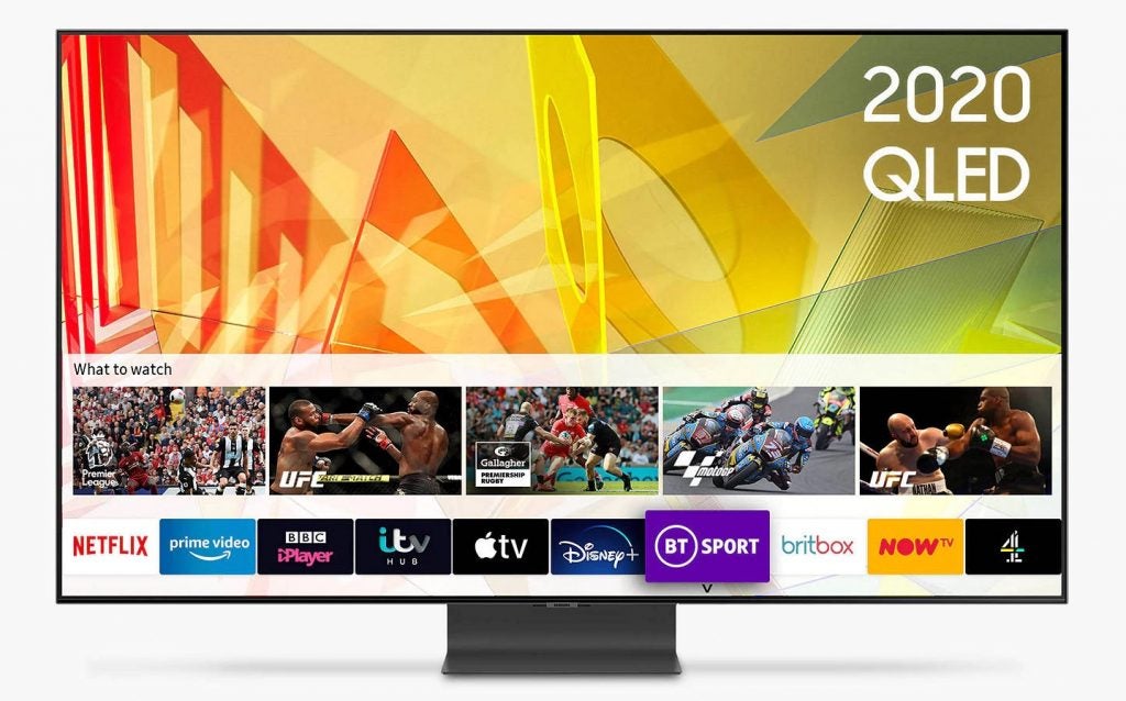 A black Samsung QE65Q95T direct LED TV standing on white background