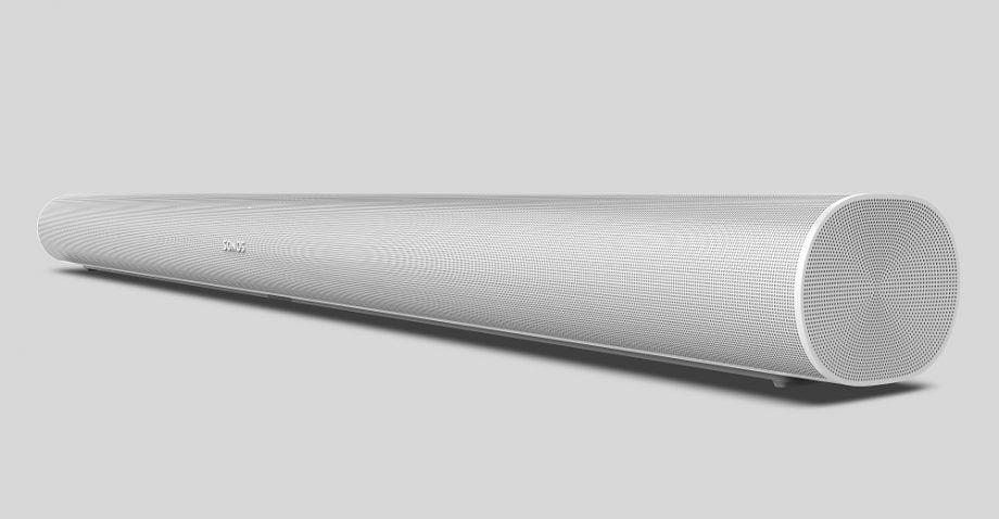A white Sonos Arc soundbar placed on a white background
