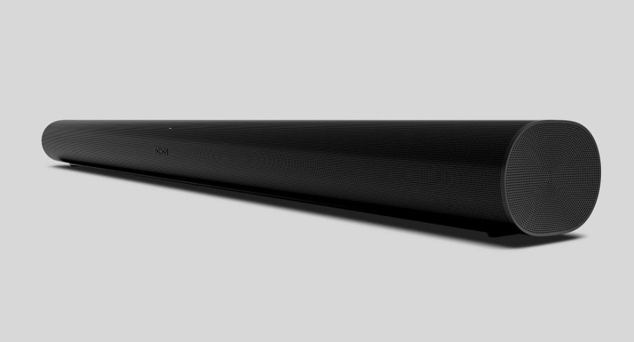 A blakc Sonos Arc soundbar placed on a white background