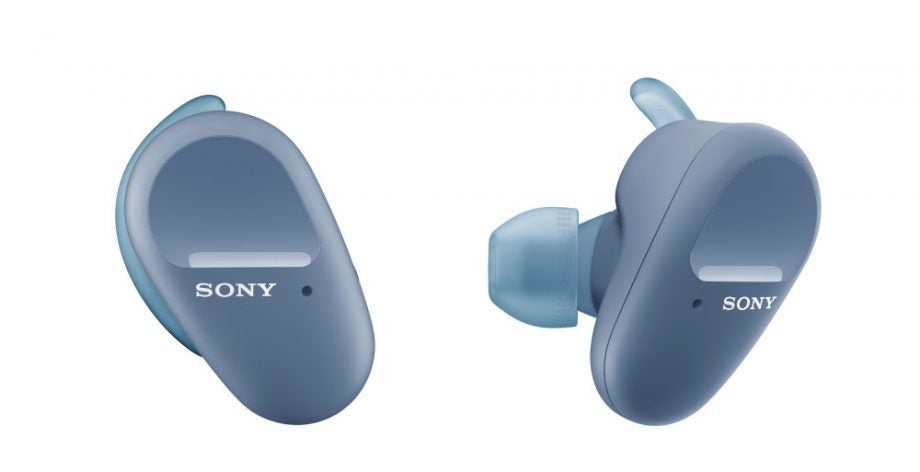 Blue Sony WF SP800N earbuds kept on a white background
