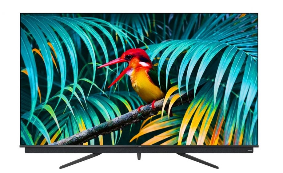 A gray TCL C9 TV standing on white background displaying a wallpaper of a bird