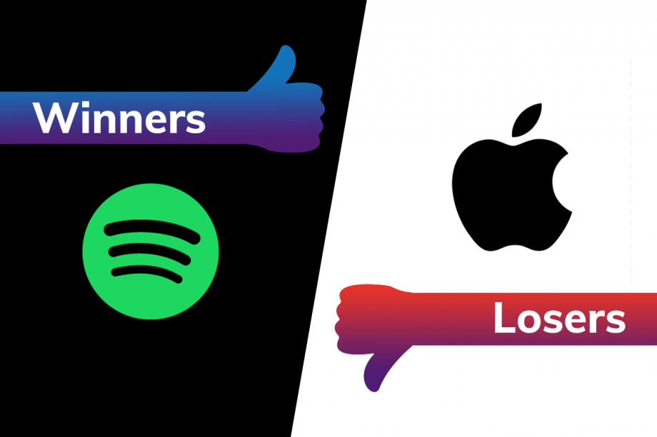 A Spotify logo on left tagged as winners and an Apple logo on right tagged as losers