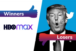 HBOmax logo on left tagged as winners and Donald Trump with Twitter logo on right tagged as losers