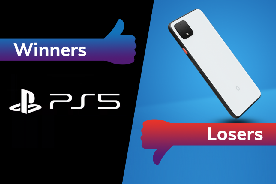A PS5 logo on left tagged as winners and a Google Pixel 4 on right tagged as losers