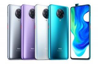 Five different colored Poco F2 Pro standing on white background showing front and back panel