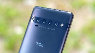 Close up image of a black TCL smartphone's back camera section
