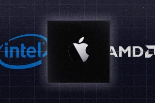 A black chip with black and white Apple logo kept on a blue Intel and AMD background