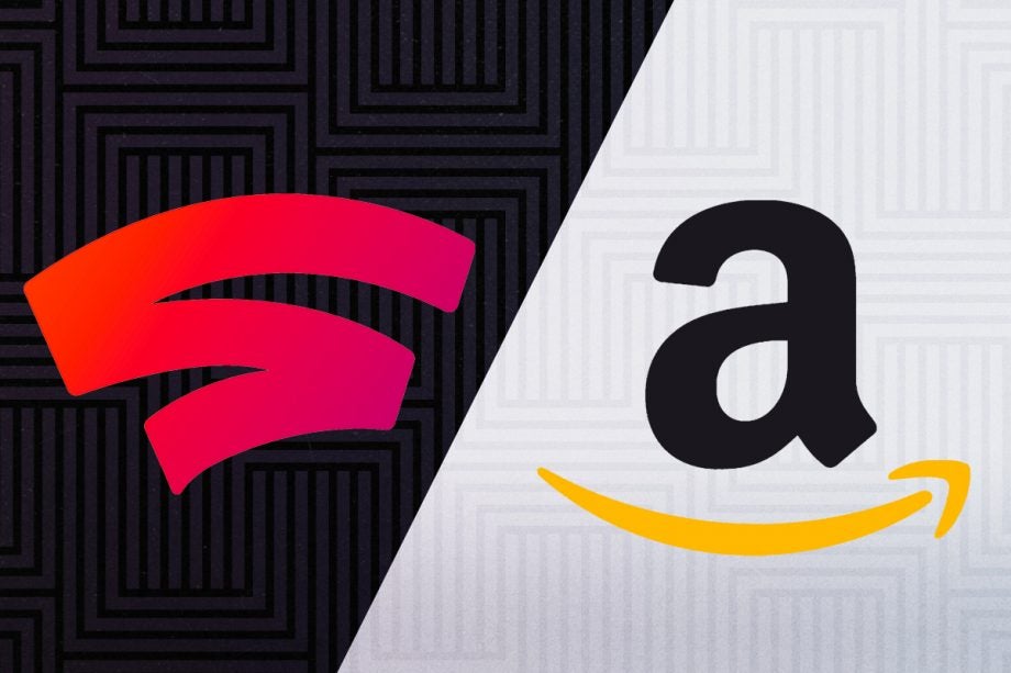 An Amazon logo on white background with another pink logo on black background