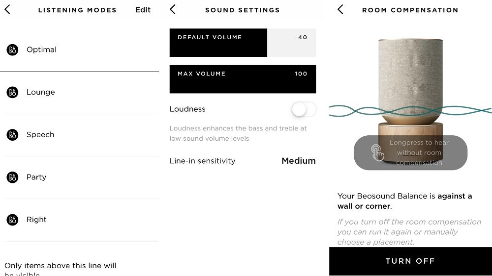 Bang and Olufsen Beosound Balance in app interface screen shots