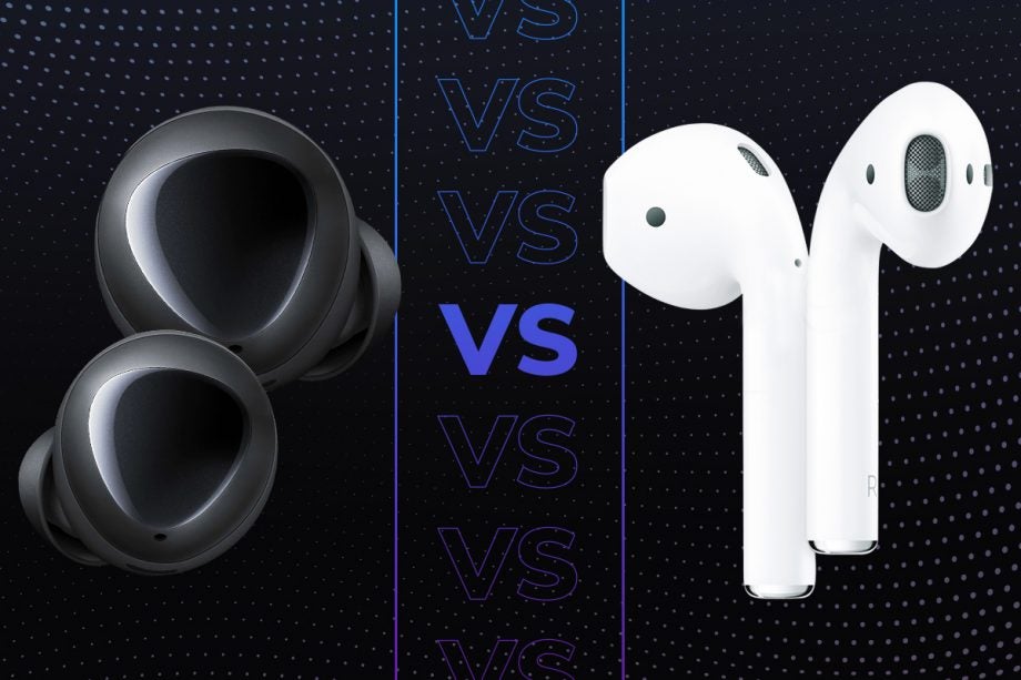 Comparision image of Samsung Galaxy Buds Plus on left and white Airpods on right