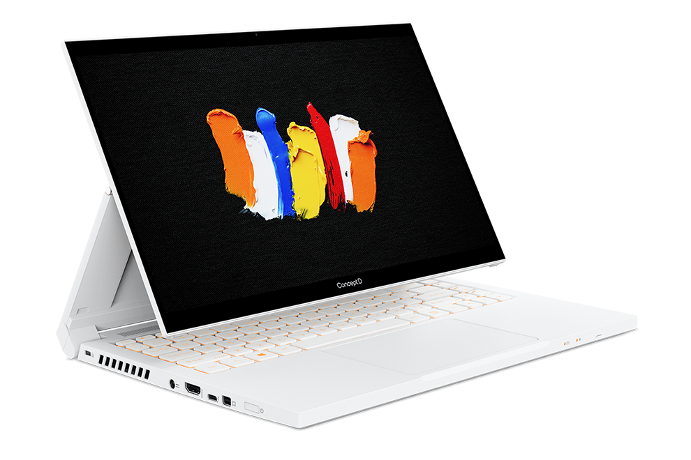 A white ConceptD 3 Ezel laptop standing on white background