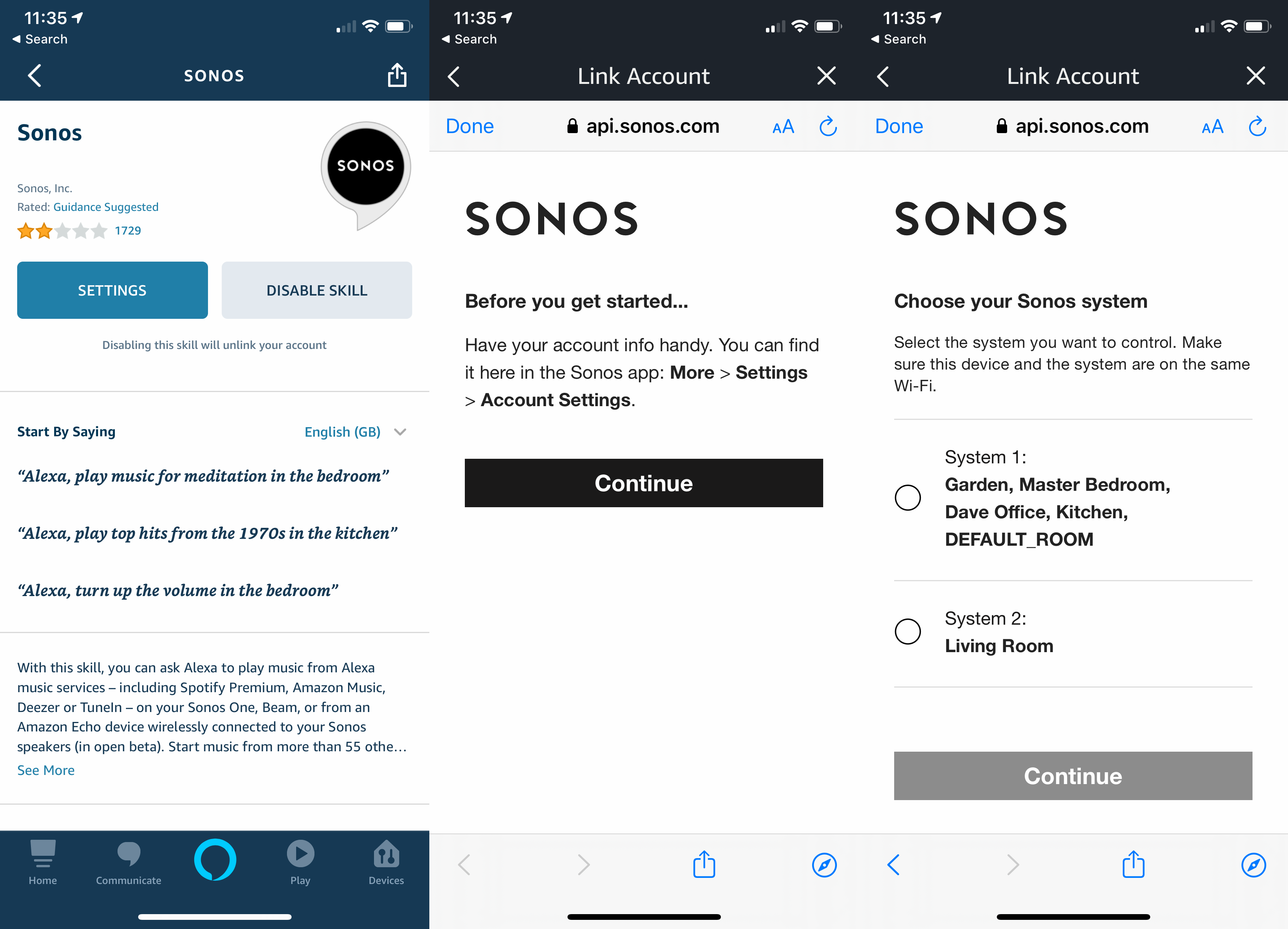Connect Alexa to SonosScreenshots from Sonos about linking Alexa to Sonos