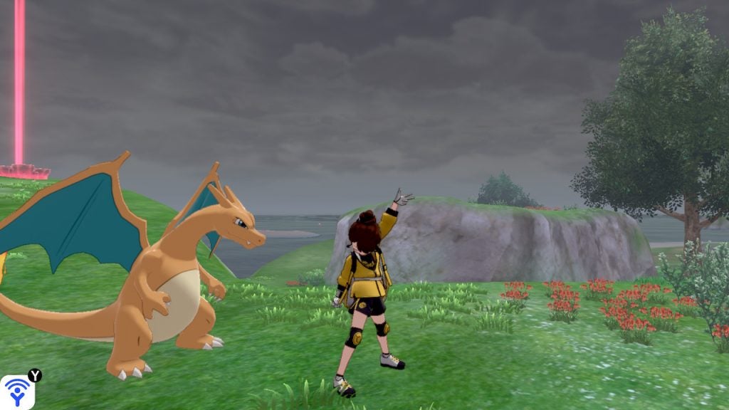 An animated picture of a scene froma a game called Pokemon Sword and Shield: The isle of armor