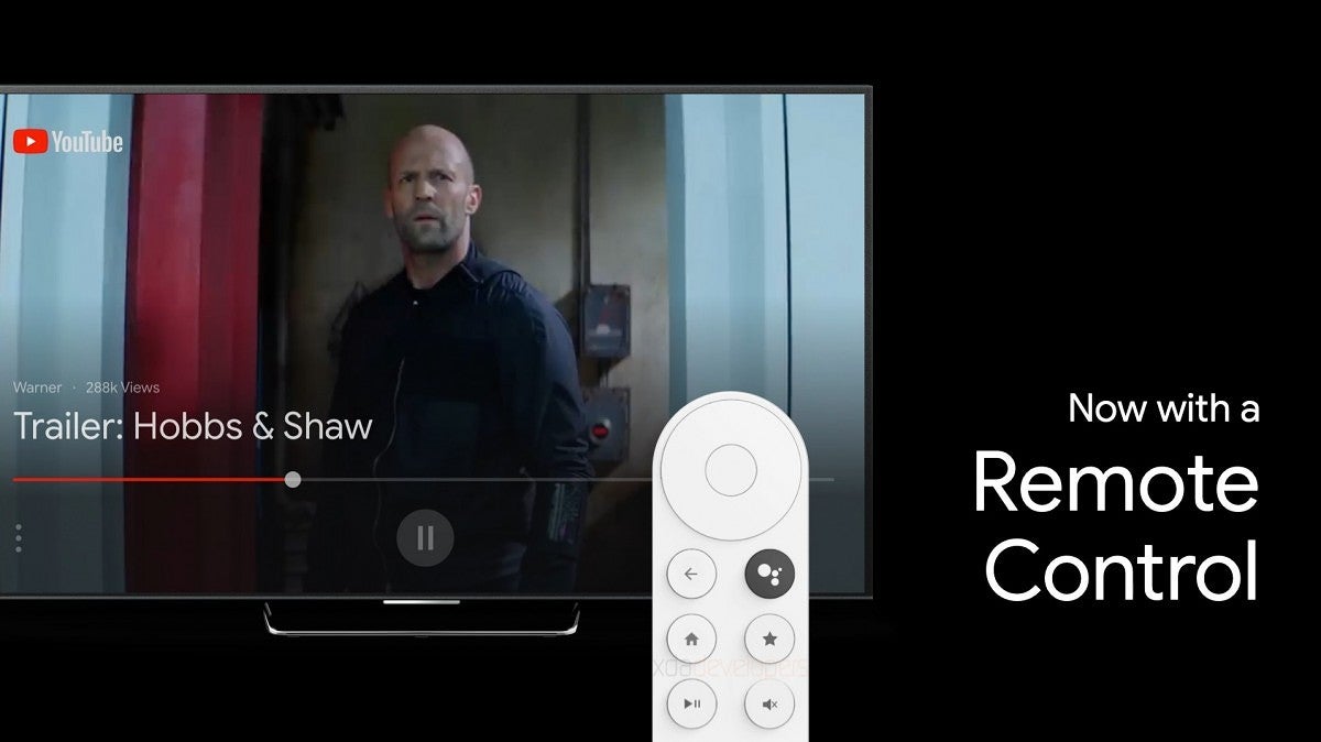 A silver TV standing on black background displaying Chromecast Android TV UI  with a white remote standing on the frontA light pale pink Chromecast Sabrina wallpaper