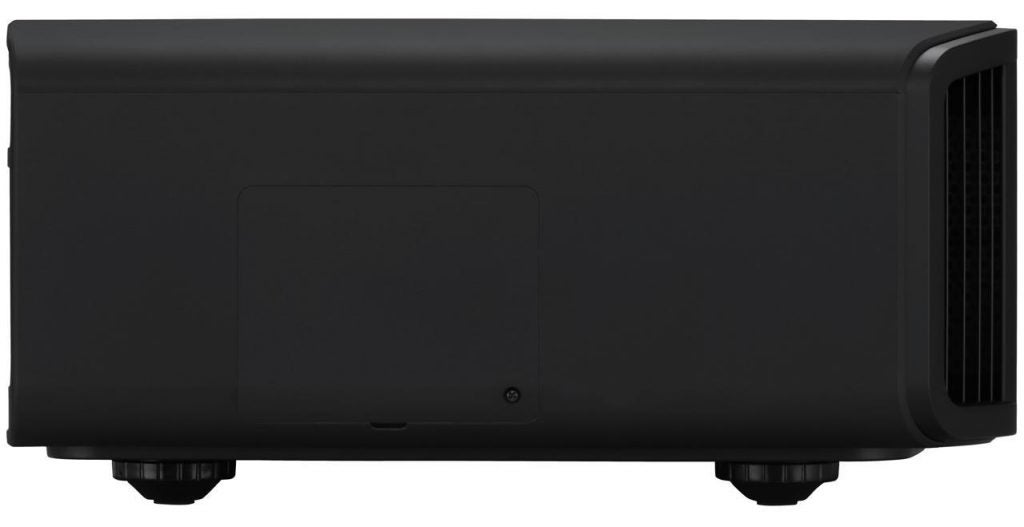 Side edge view of a black JVCN5 projector standing on a white background