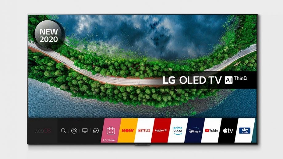 A black LG GX TV standing on a white background displaying webOS homescreen