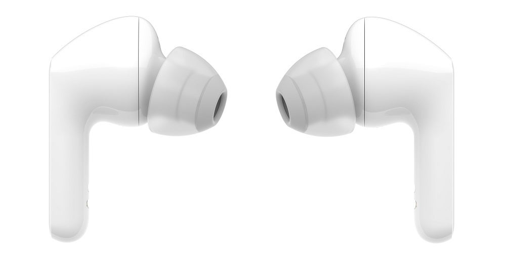 White LG Tone free HBS FN4 earbuds standing on white background