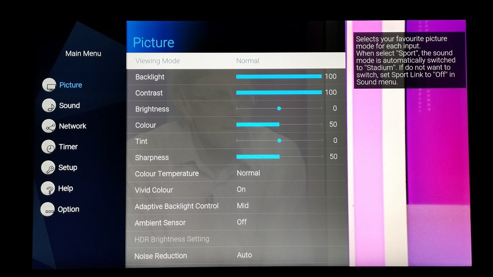 A black Panasonix HX800 TV displaying picture settings menu